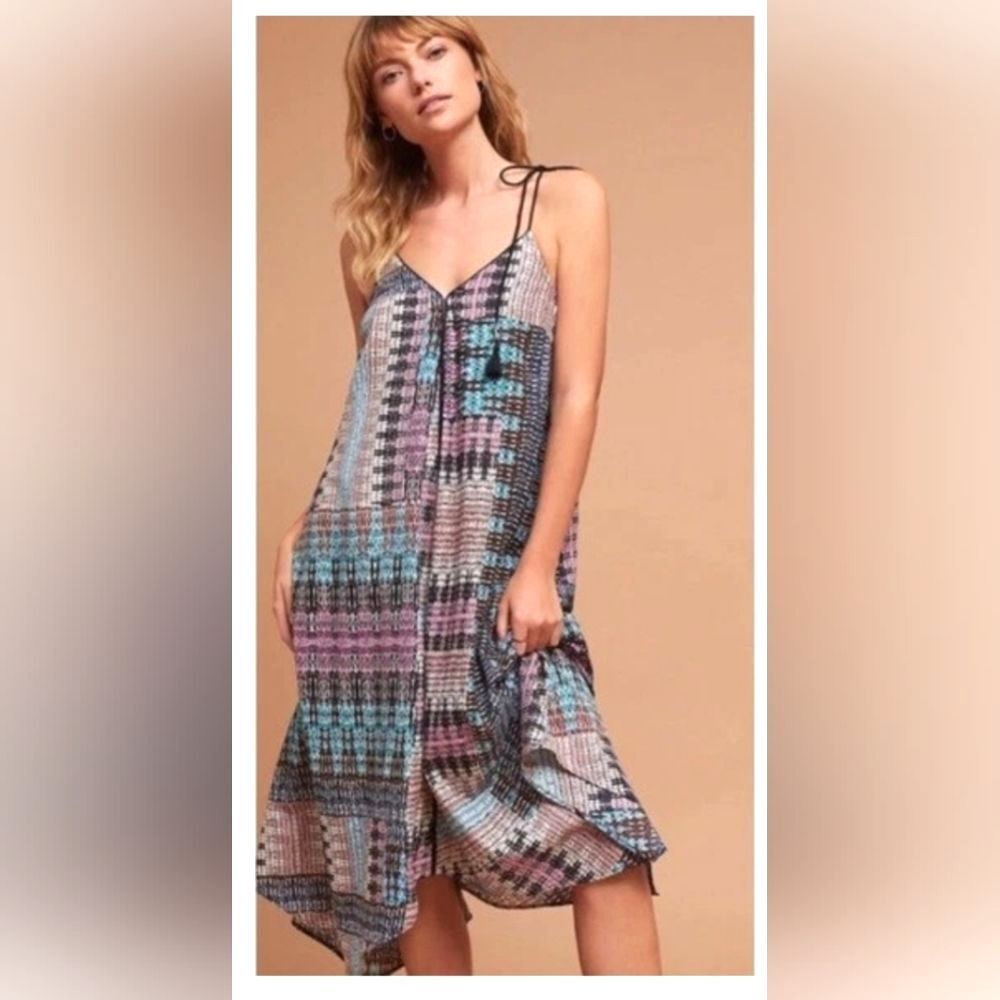 Anthropologie Akemi + Kin Riviera Asymmetrical Hem Boho Printed Tassel Tie Dress